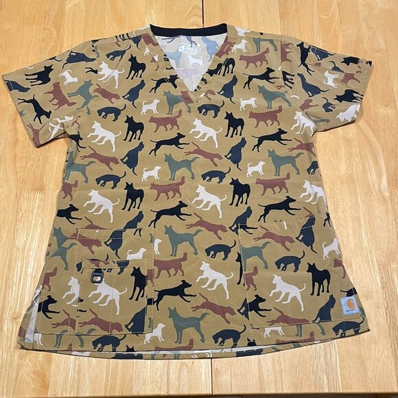 CARHARTT Dogs Scrubs Top Tan V Neck Pockets C12114 Women's Medium - Picture 14 of 15